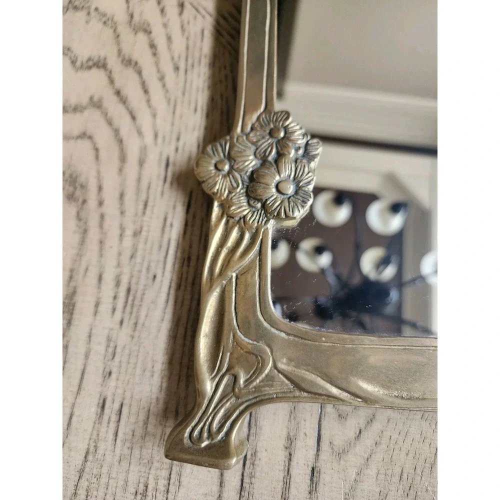 Vintage Lady Mirror Art Deco Nouveau Brass Vanity Table Top Mirror 9.5X12 Flower